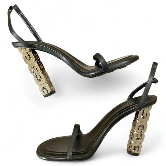 Givenchy Heels Women’s 37 Silver Cube Ankle Strap Round Open Toe Leather Black - Picture 2 of 10